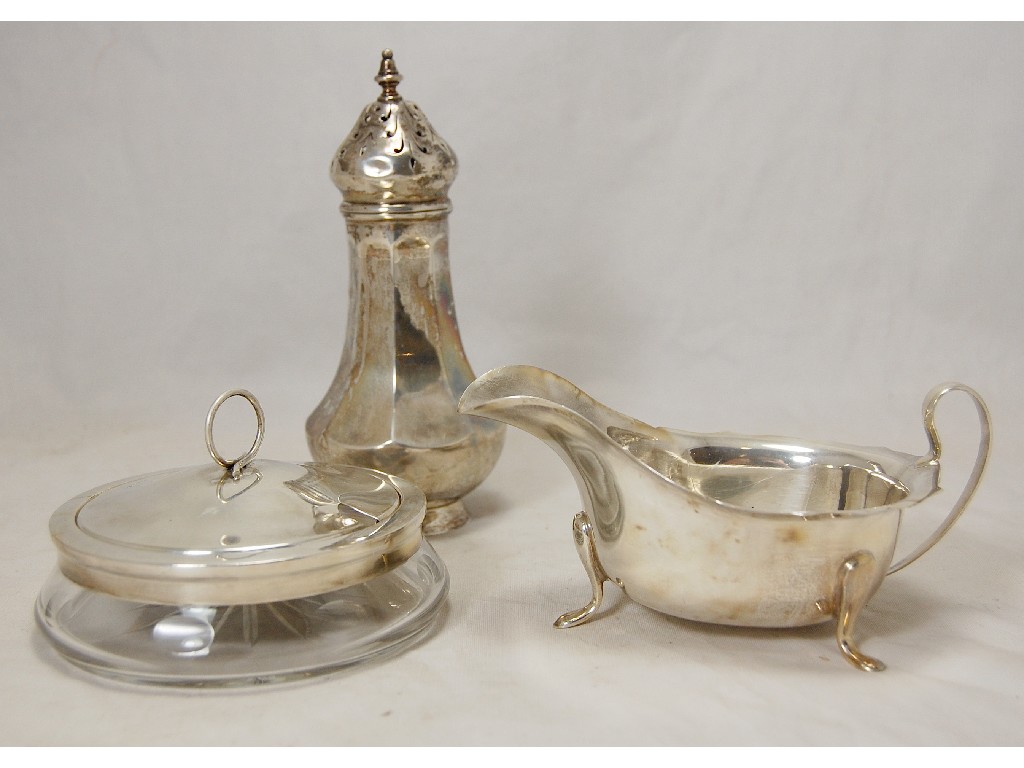 Appraisal: Silver octagonal sugar caster James style sauce boat and glass