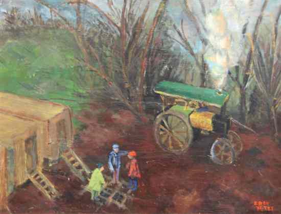 Appraisal: Fred Yates - oil on board Figures and traction engine