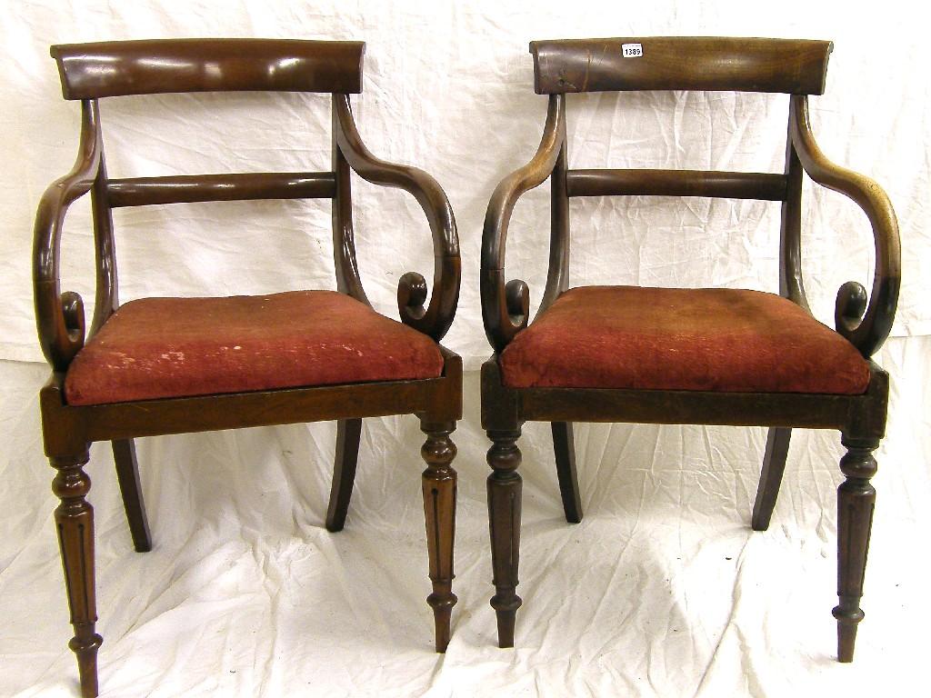 Appraisal: Pair of William IV mahogany bar back carver chairs the