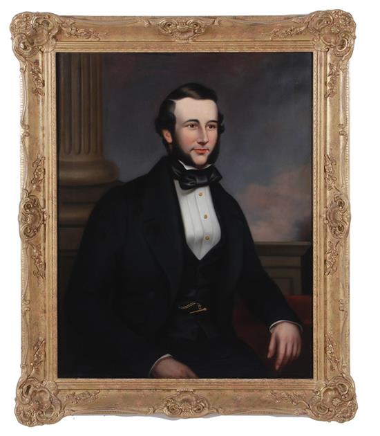 Appraisal: American school portrait th century GENTLEMAN IN BLACK WAISTCOAT SEAT