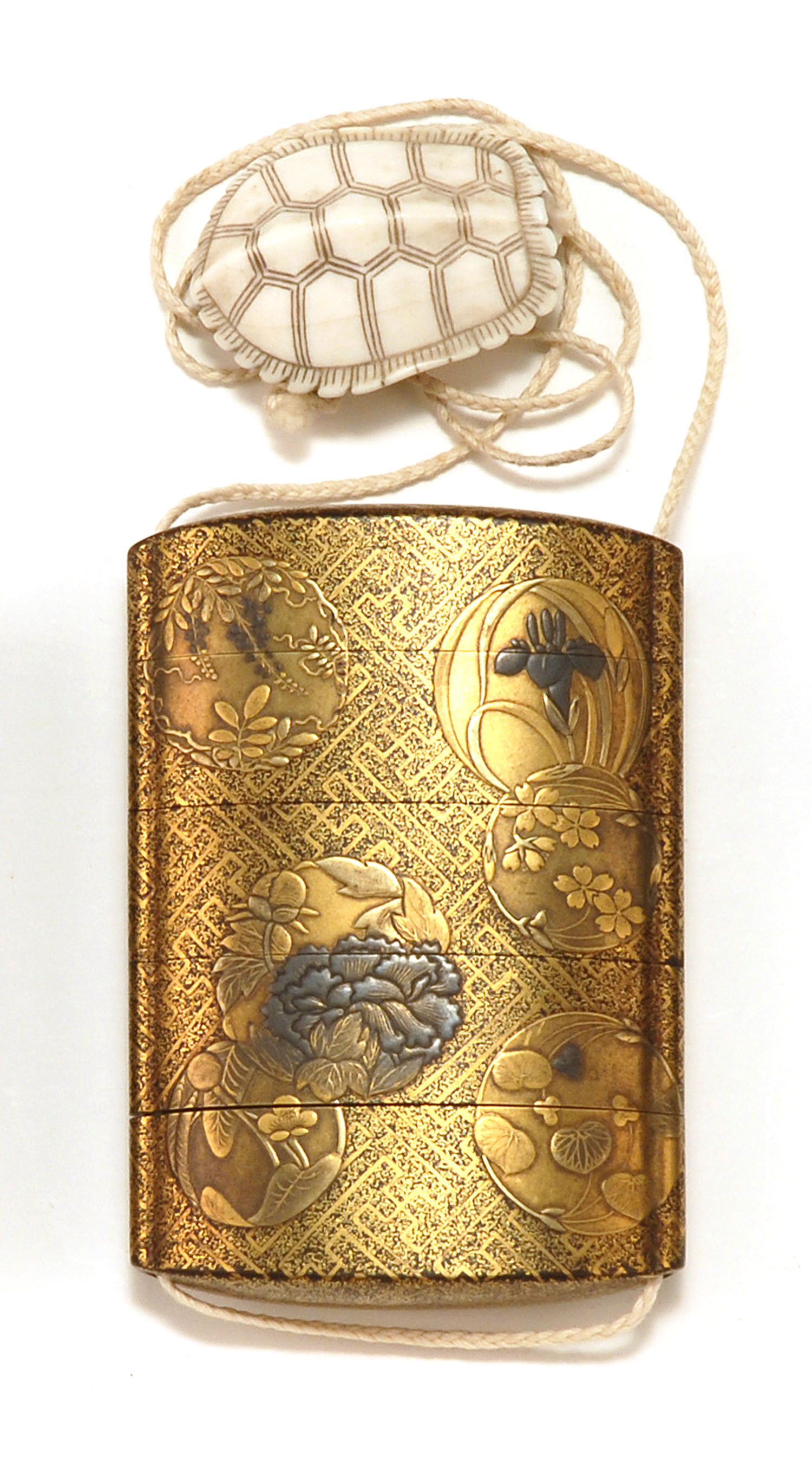 Appraisal: FOUR-CASE LACQUER INRO WITH IVORY NETSUKE th CenturyInro with floral