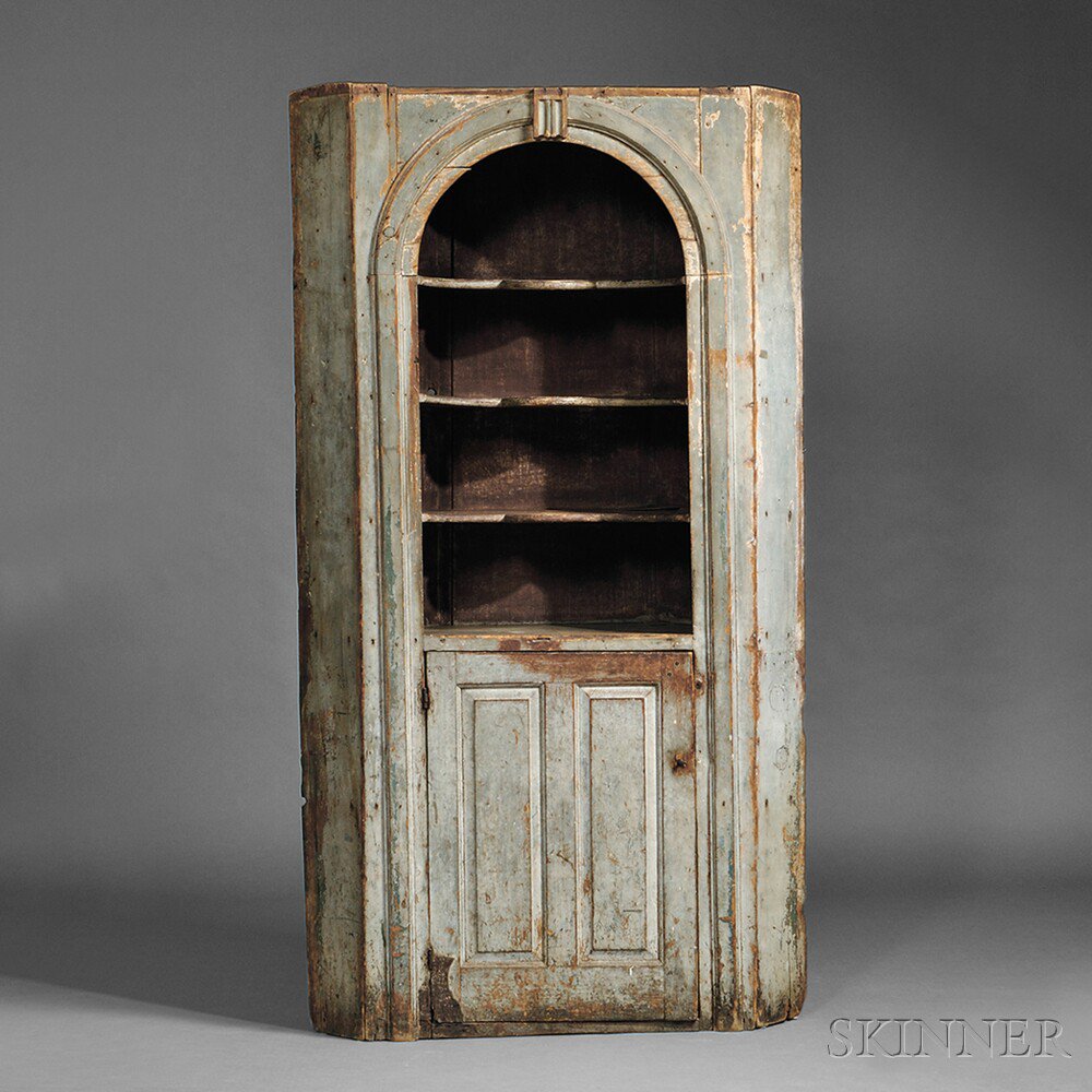 Appraisal: Blue-painted Pine Corner Cupboard probably New Hampshire mid- th century