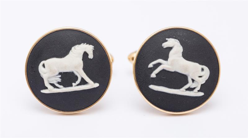 Appraisal: PAIR OF BLACK BASALT WEDGWOOD CUFFLINKS Modeled with horses stamped