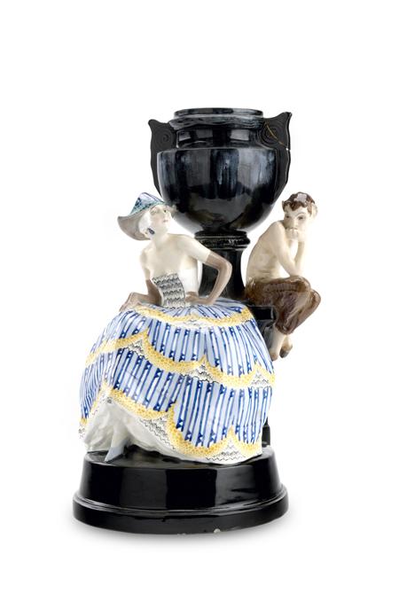 Appraisal: JOSEF LORENZL FOR GOLDSCHEIDER FIGURAL URN glazed earthenware moulded as