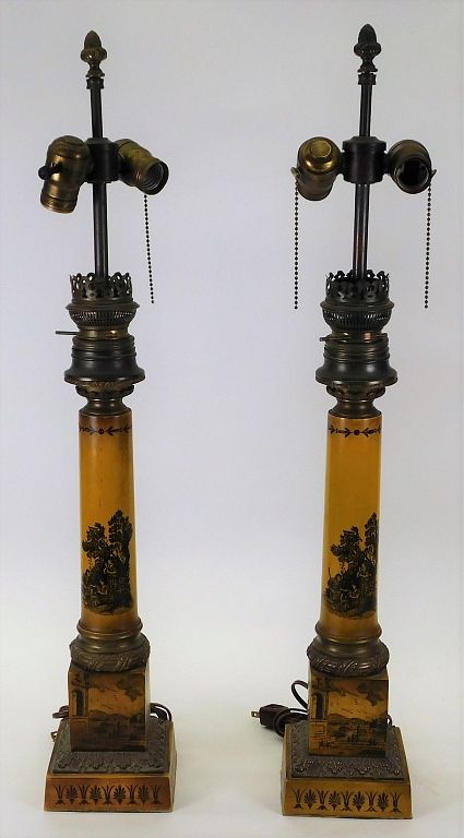 Appraisal: PR French Yellow Painted Tole Tin Lamps France Early th