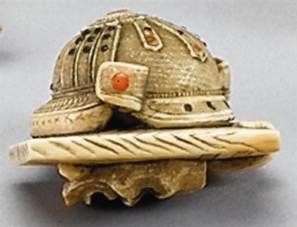 Appraisal: Fine Japanese elephant ivory coral and mother-of-pearl inlaid helmet and