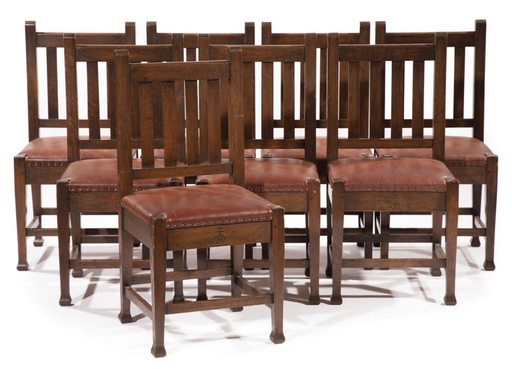 Appraisal: Roycroft Oak Dining Table and Eight Chairs table with tapered