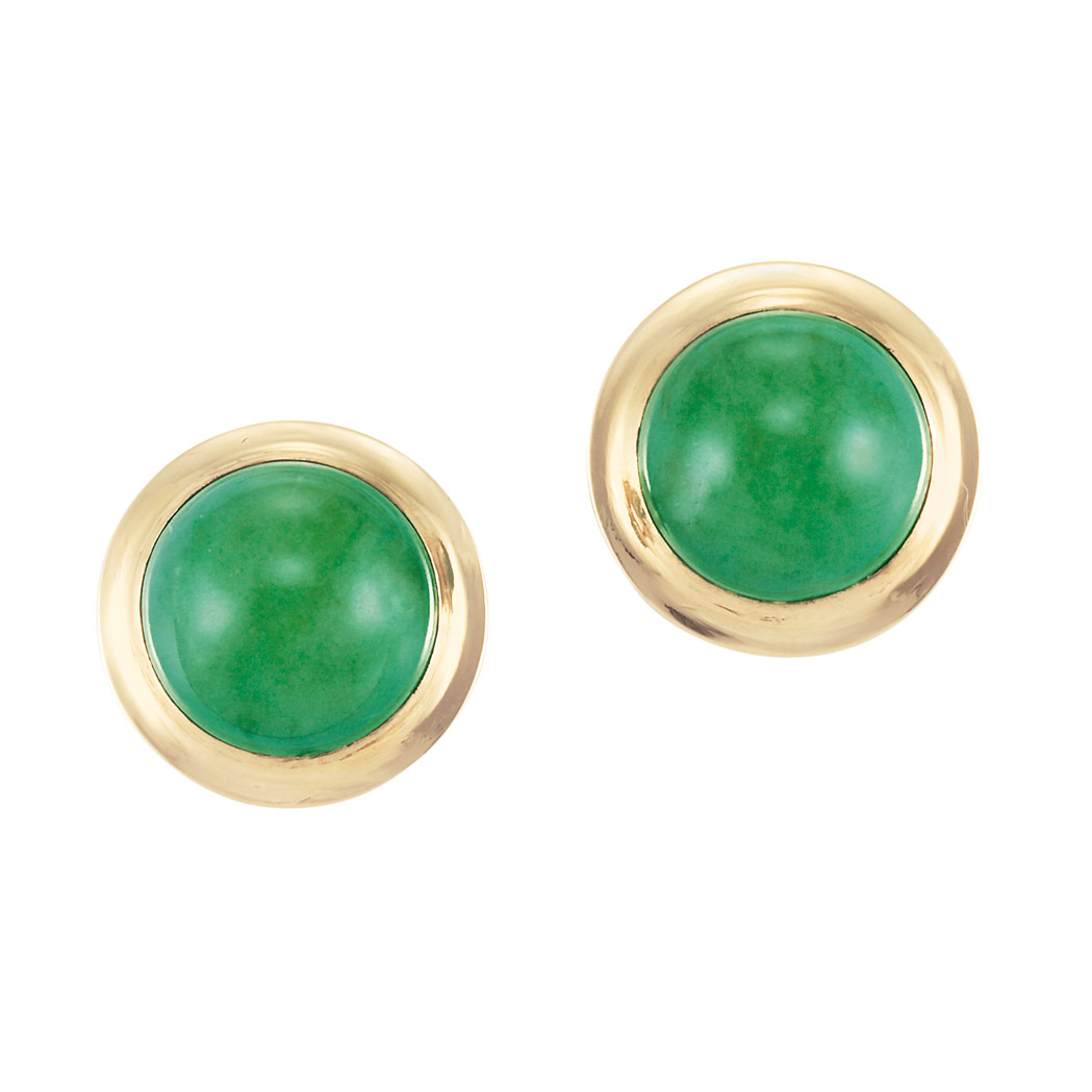 Appraisal: Pair of Rose Gold and Jade Earclips Centering round cabochon