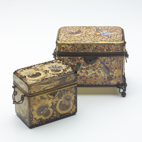 Appraisal: Two French glass caskets circa with metal mounts the larger