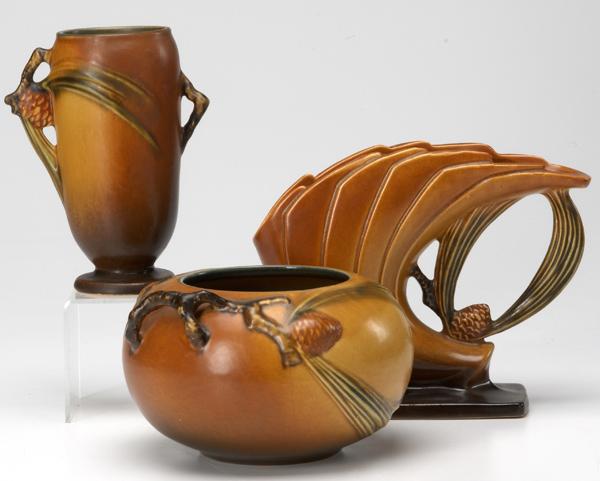 Appraisal: ROSEVILLE Three brown Pine Cone vases - - and one