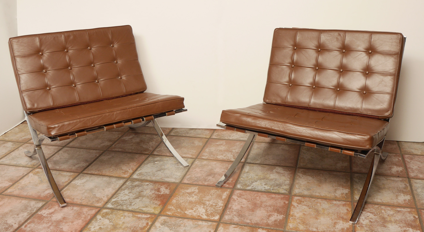 Appraisal: PAIR MID CENTURY BROWN LEATHER BARCELONA CHAIRS Unmarked attributed to