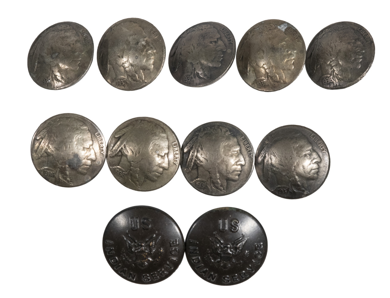 Appraisal: BUFFALO NICKEL BUTTONS NATIVE AMERICAN MADE Lead back originals pounded