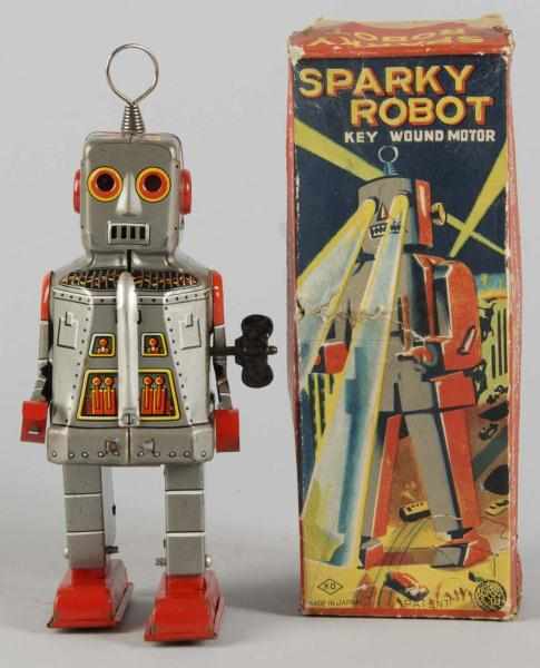 Appraisal: Tin Litho Sparky Robot Wind-Up Toy Description Japanese Working Made