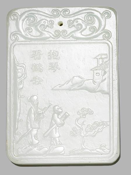 Appraisal: A white jade rectangular pendant One side displaying a scholar