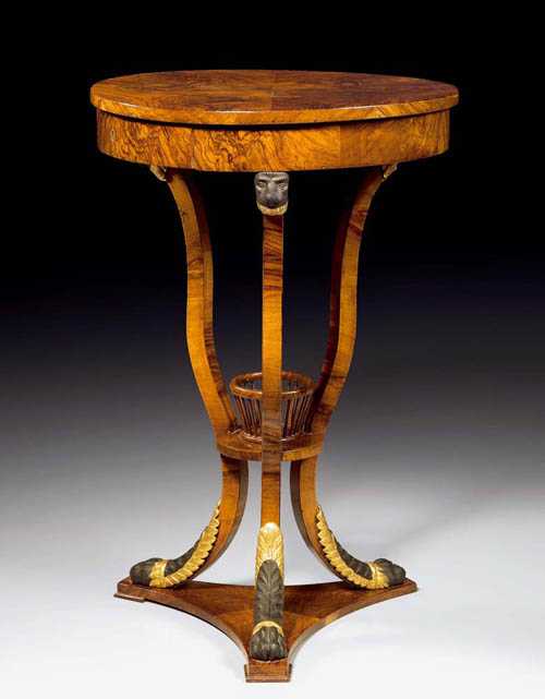 Appraisal: ROUND WORK TABLE Biedermeier Vienna circa Burlwood carved with palmettes