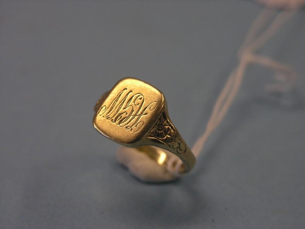 Appraisal: A ct gold signet ring monogrammed engraved shoulders grams