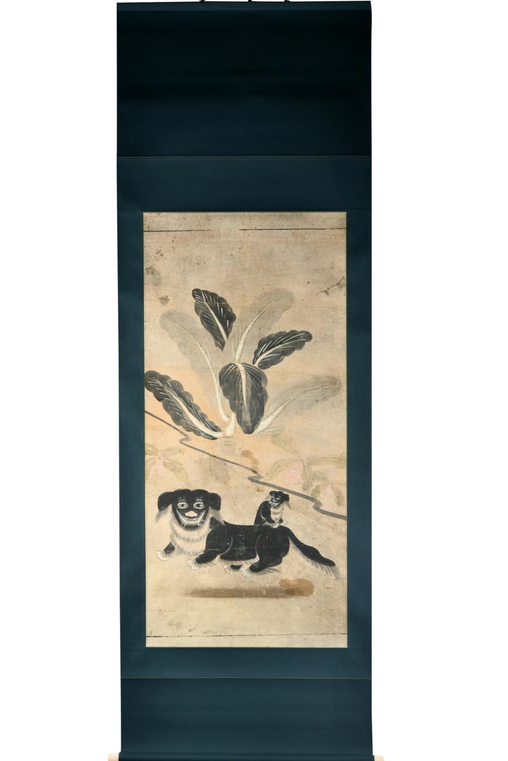 Appraisal: KOREAN SCROLL OF TWO DOGSwith wooden box x inches Condition