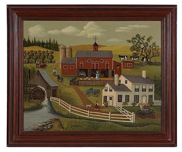 Appraisal: CONTEMPORARY FOLK ART FARM SCENE BY JANE ECKELBERRY oil on