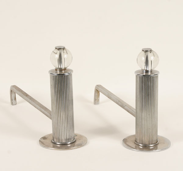 Appraisal: Art Deco Chrome ribbed cylinder form andirons with glass ball