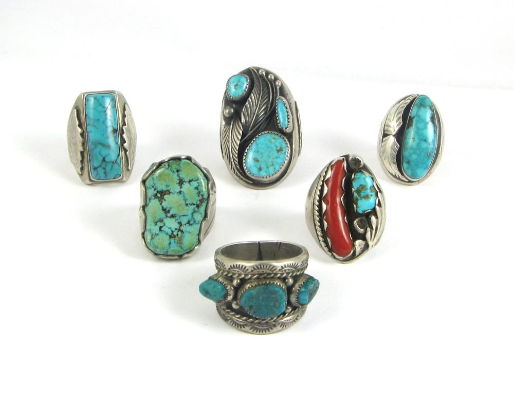 Appraisal: SIX SOUTHWEST NATIVE AMERICAN NAVAJO RINGS R Nieto turquoise and