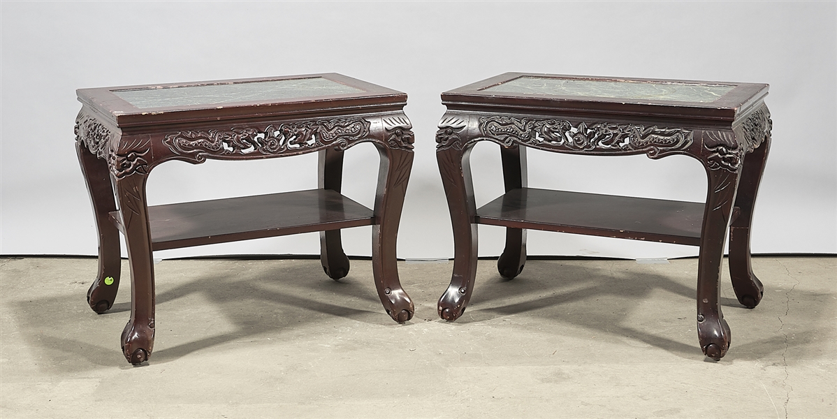 Appraisal: Pair of Chinese stone inset hard wood side tables with