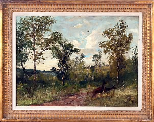 Appraisal: Woodland landscape with deer oil on canvas x SLR C