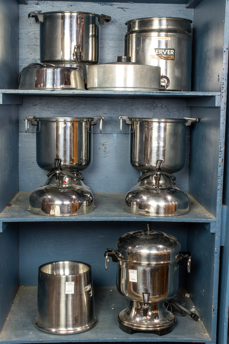 Appraisal: Three shelves of catering accessories including Farberware stainless steel automatic