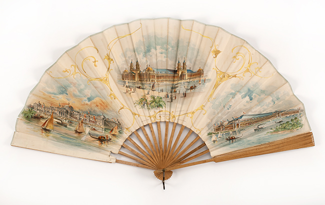 Appraisal: OIL CLOTH AND WOOD ADVERTISING FAN Double-sided paper leaf advertising