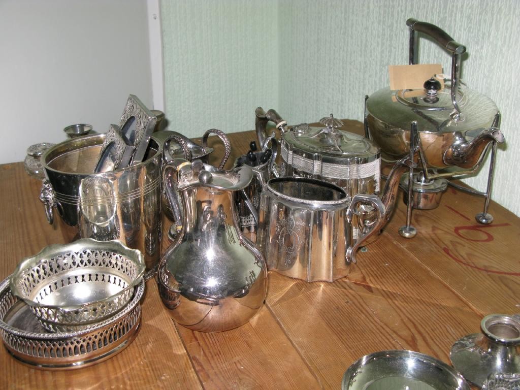 Appraisal: Silver plated ware to include a kettle on burner stand