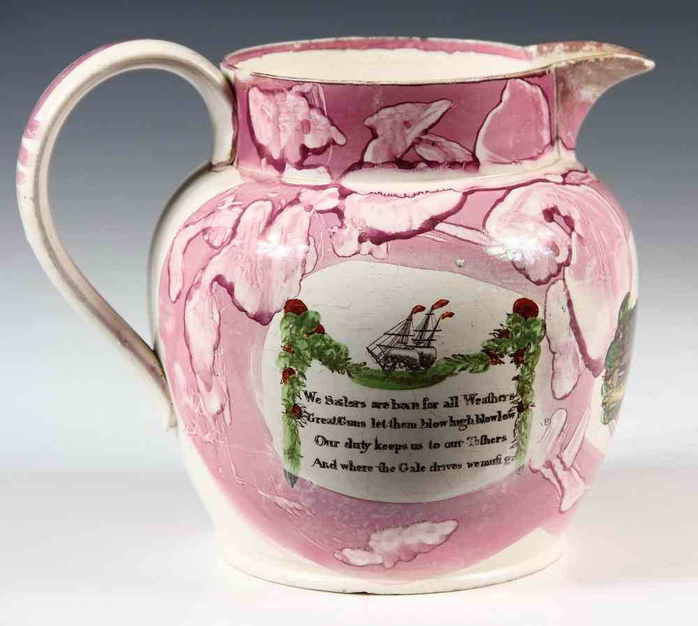 Appraisal: LARGE SUNDERLAND JUG - Large Sunderland Jug in pink lustre