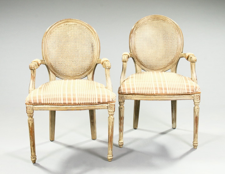 Appraisal: Pair of French Paint-Decorated Beechwood and Caned Medallion-Back Armchairs first