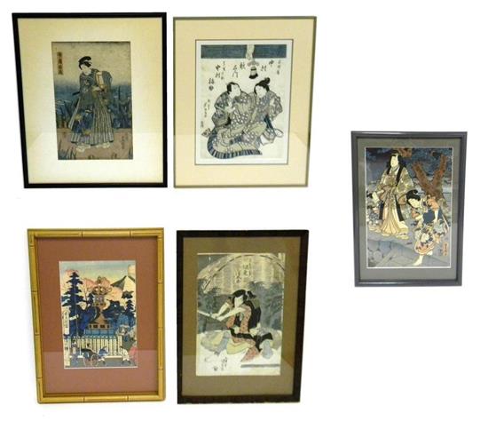 Appraisal: ASIAN Five Japanese woodblock prints th C one in shades