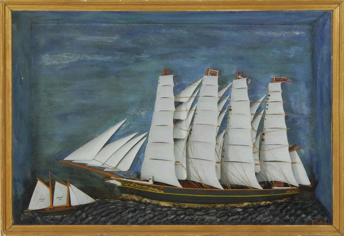 Appraisal: TH CENTURY SHADOW BOX MODEL OF A FOUR-MASTED SHIP With