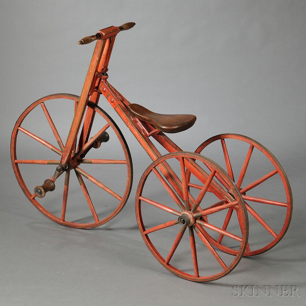 Appraisal: Red-painted Wooden and Iron Tricycle America late th century with