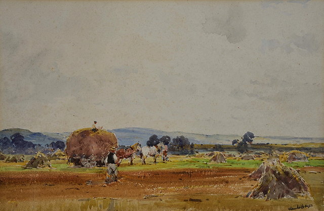 Appraisal: CLAUDE HAYES BRITISH - Harvest scene signed watercolour x cm