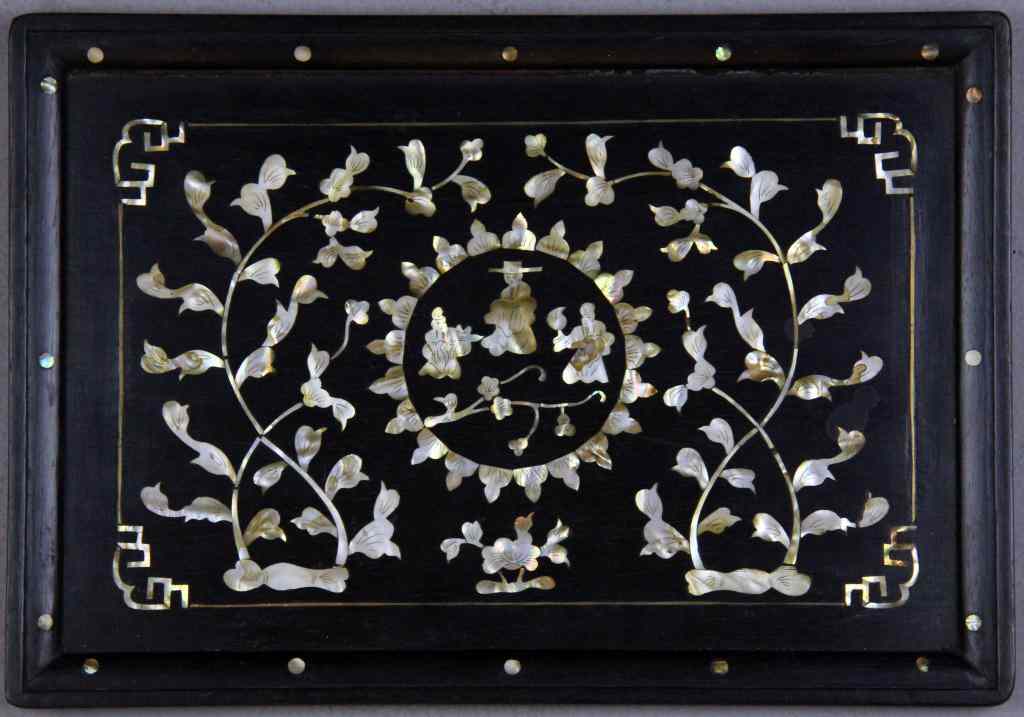 Appraisal: Chinese Qing Hardwood Inlaid With MOP TrayDepicting lotus and figures