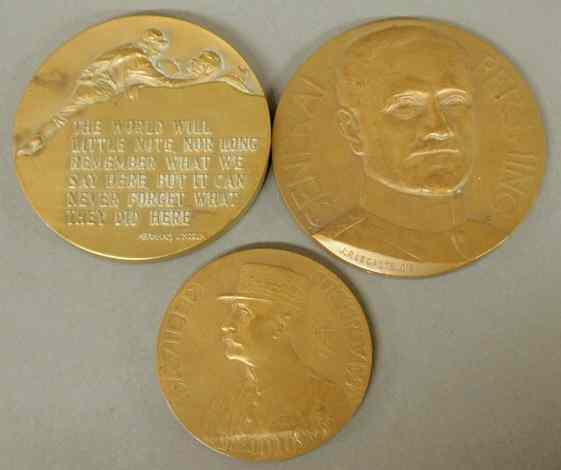 Appraisal: Three commemorative bronze medallions- Gen Pershing signed J P Legastelois