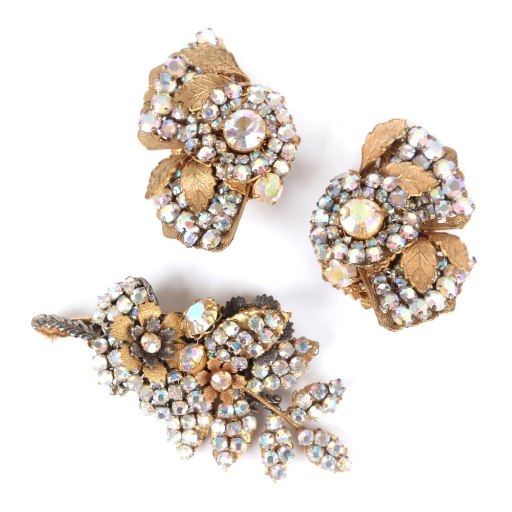 Appraisal: MIRIAM HASKELL DIAMANTE SPRAY BROOCH AND FAN EARRINGS WITH GOLD