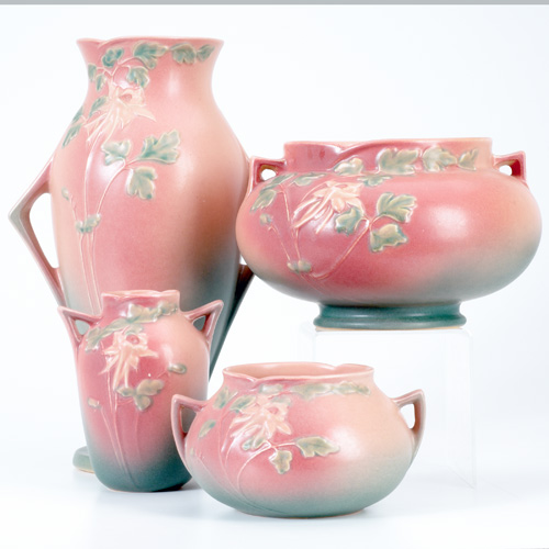 Appraisal: ROSEVILLE Four pink Columbine pieces a squat vessel - fleck