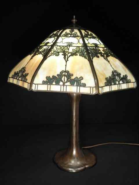 Appraisal: Signed Handel -panel overlay parlor lamp with Mission style floral