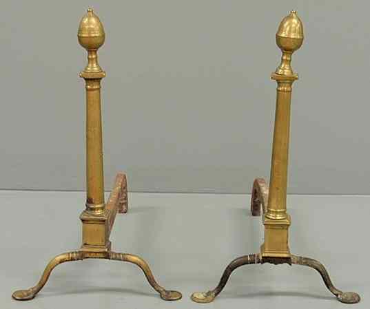 Appraisal: Pair of Federal brass andirons c with acorn finials arched