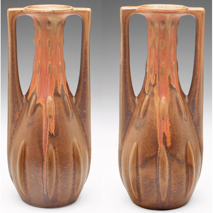 Appraisal: Denbac vase double handled shape with raised designs under anorange