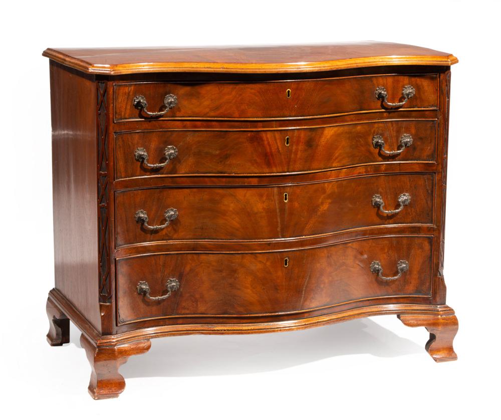 Appraisal: English Chippendale-Style Mahogany Serpentine Chest th c blind fretwork chamfered