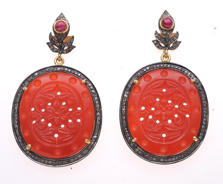 Appraisal: A PAIR OF RED STONE DIAMOND AND RUBY DROP EARRINGS