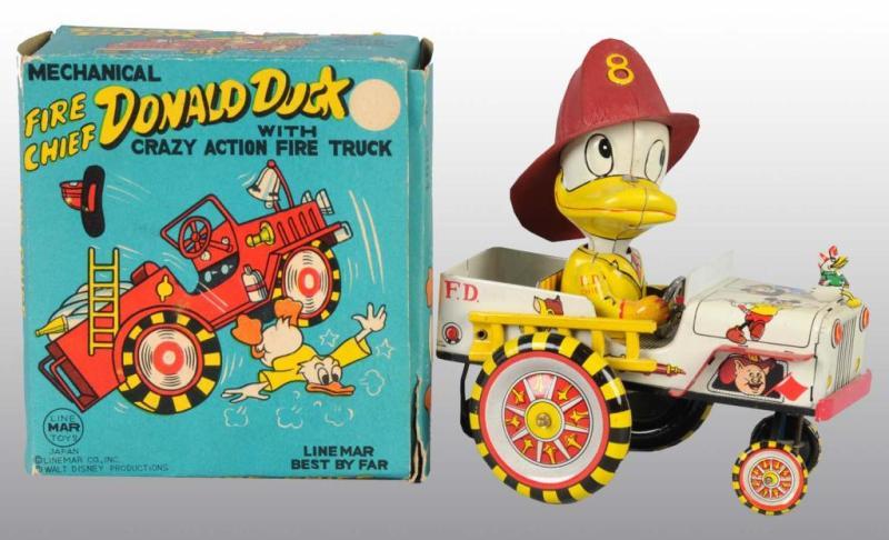 Appraisal: Linemar Donald Duck Fire Chief Car in Orig Box Description