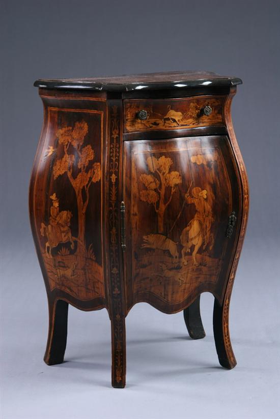 Appraisal: ITALIAN MARQUETRY PETITE BOMBE COMMODE th century Inlaid serpentine top