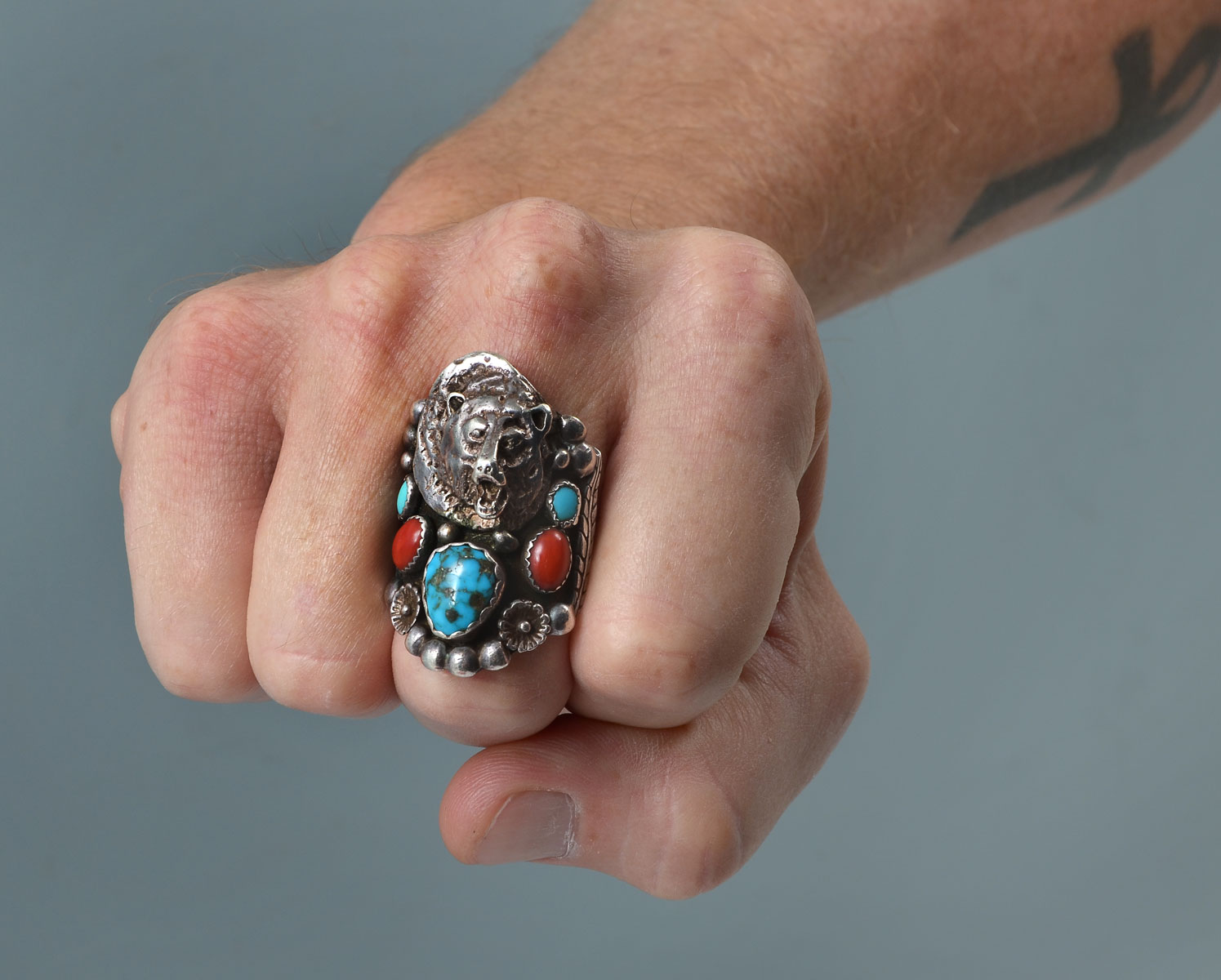 Appraisal: NATIVE AMERICAN STERLING TURQUOISE BEAR RING BY TSAVATEWA Bear design