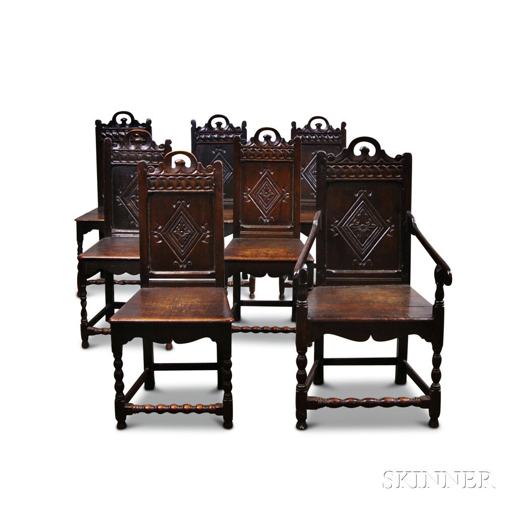 Appraisal: Assembled Set of Seven Carved Oak Chairs England th century