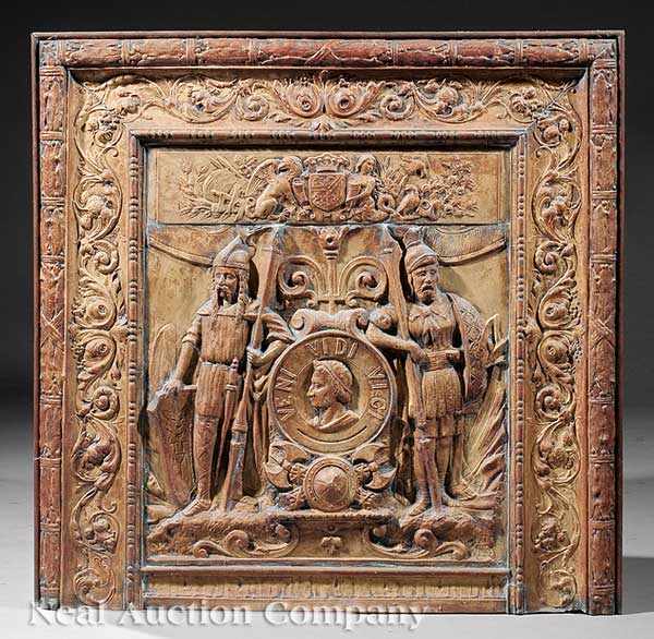 Appraisal: An Antique Pressed Tin Fireback th c depicting warriors flanking