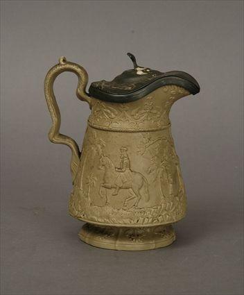 Appraisal: Jones Walley Pewter-Mounted Stoneware Good Samaritan Jug in in diam